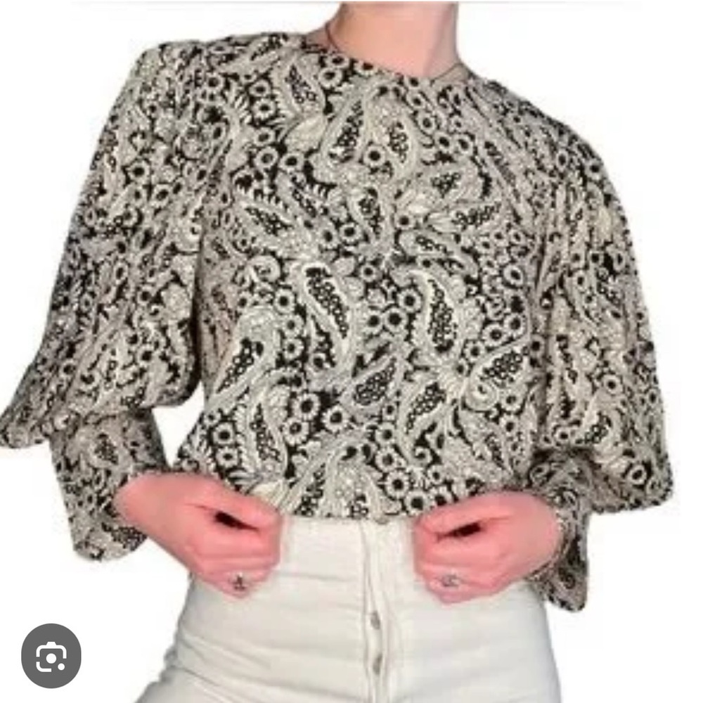 Zara Black Cream Silver Paisley Balloon Sleeve Top T-22